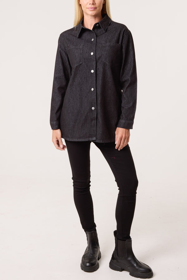 Qed London Diamante Embellished Denim Shirt