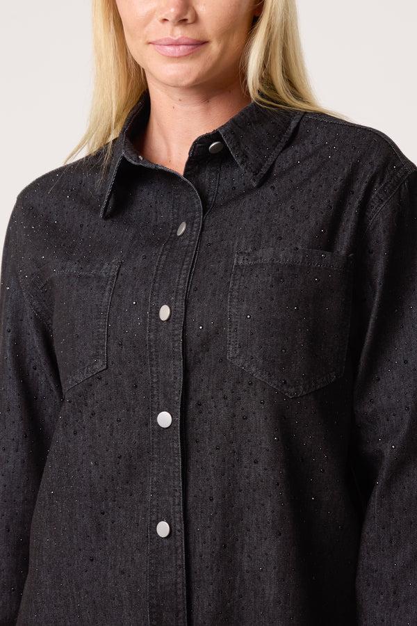 Qed London Diamante Embellished Denim Shirt