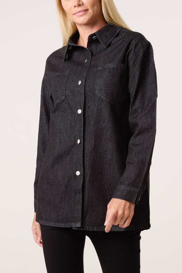 qed london Diamante Embellished Denim Shirt