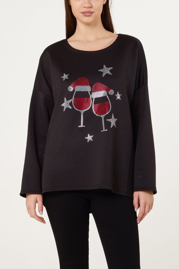 qed london Diamante Festive Glasses Sweatshirt