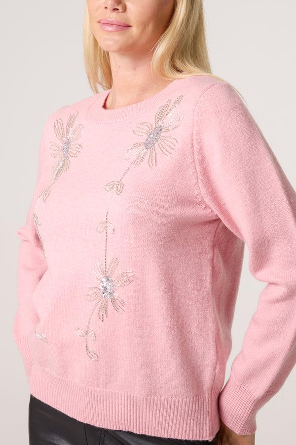 Qed London Diamante Flowers Crew Neck Knit Jumper