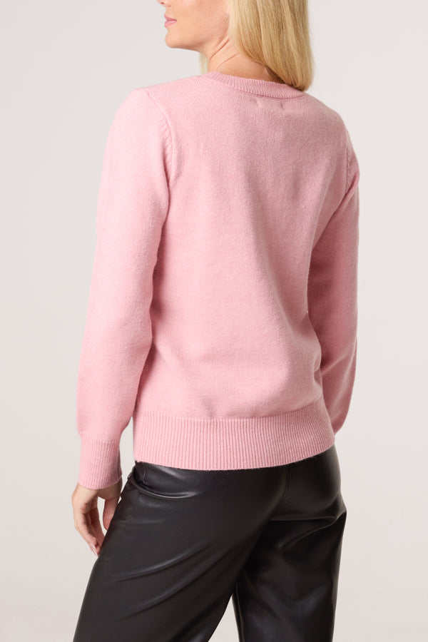 Qed London Diamante Flowers Crew Neck Knit Jumper