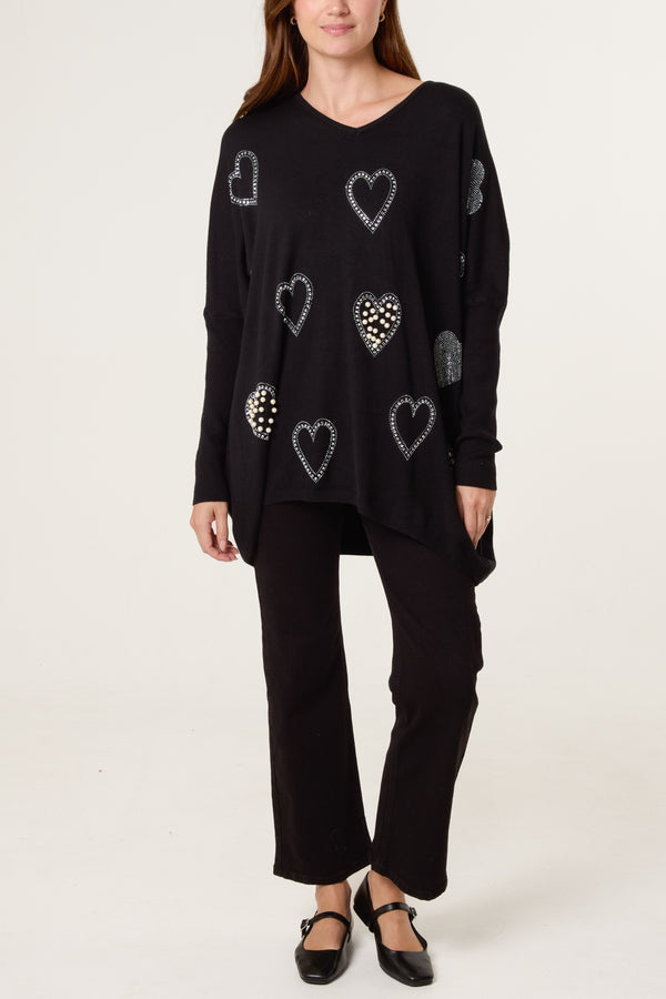 Qed London Diamante Heart Batwing Jumper