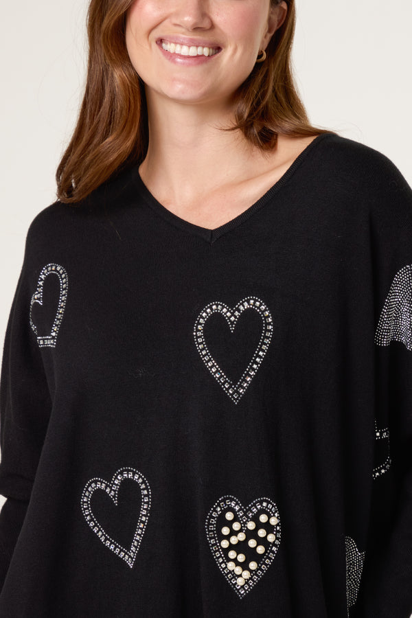 Qed London Diamante Heart Batwing Jumper