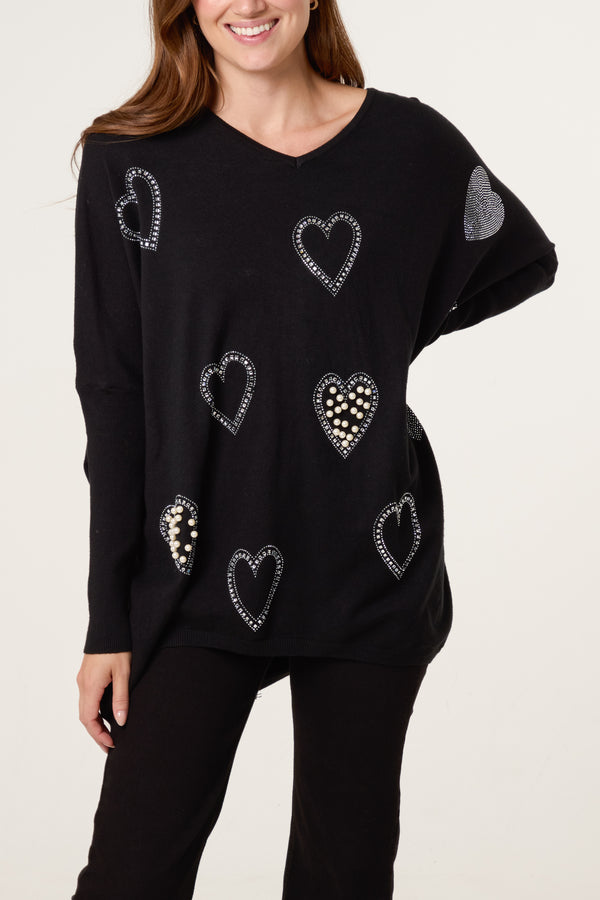 qed london Diamante Heart Batwing Jumper