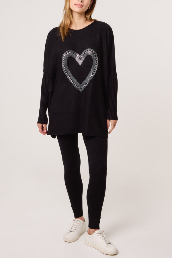 Qed London Diamante Heart Batwing Knit Jumper