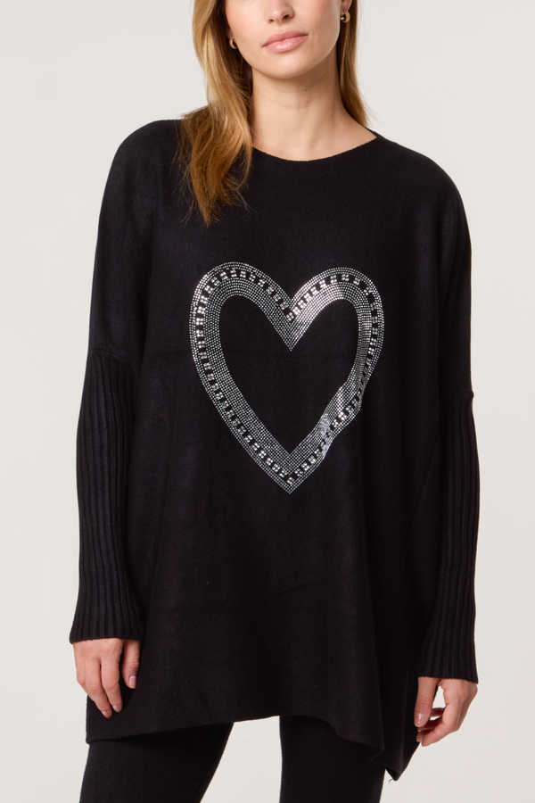 qed london Diamante Heart Batwing Knit Jumper