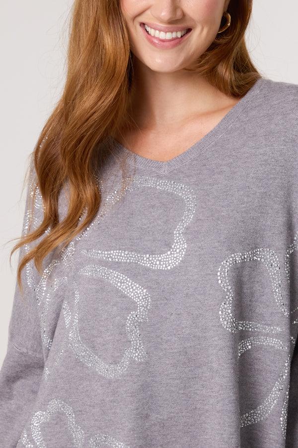 Qed London Diamante Heart Flowers V-Neck Jumper