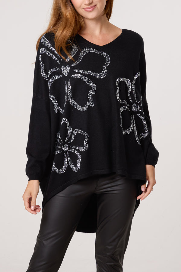 Qed London Diamante Heart Flowers V-Neck Jumper