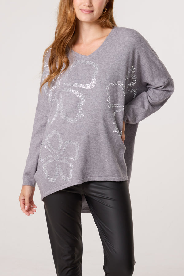 qed london Diamante Heart Flowers V-Neck Jumper