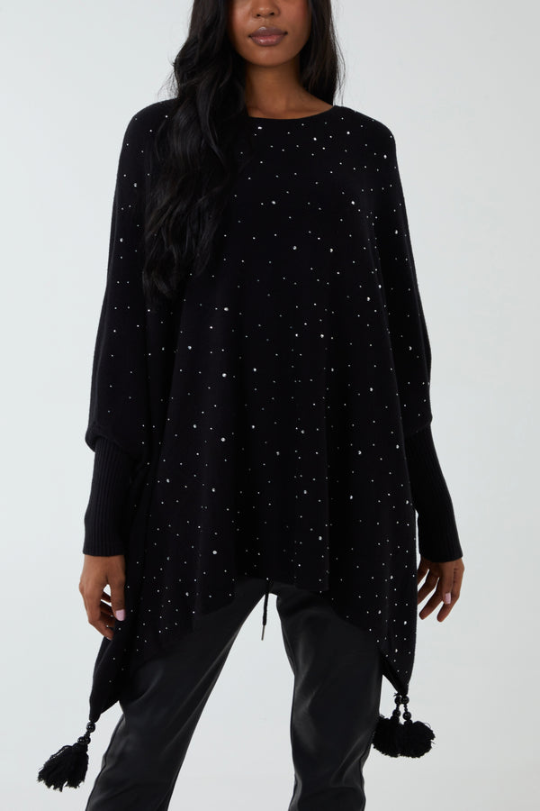 qed london Diamante Heatseal Tassel Poncho