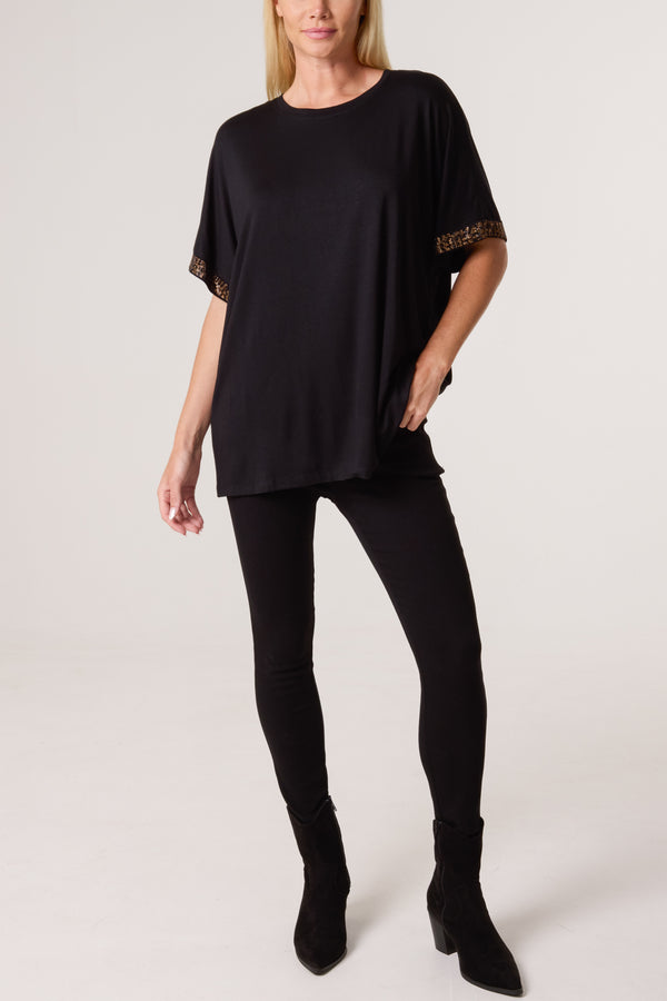 Qed London Diamante Leopard Sleeve T-Shirt