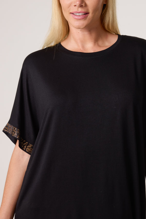 Qed London Diamante Leopard Sleeve T-Shirt