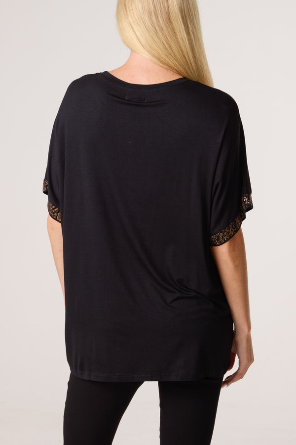 Qed London Diamante Leopard Sleeve T-Shirt