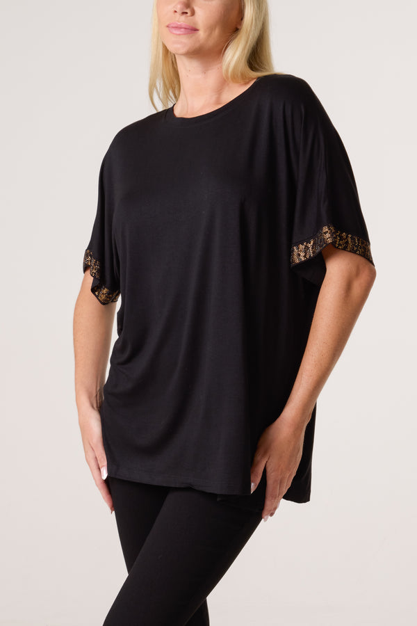 qed london Diamante Leopard Sleeve T-Shirt