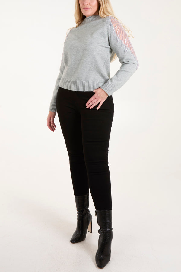 Qed London Diamante & Mesh Shoulder Knit Jumper