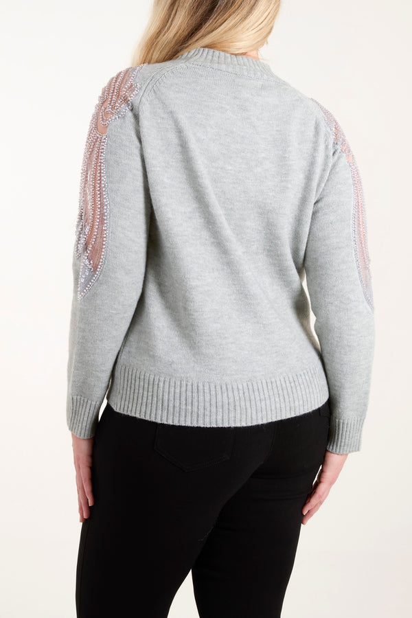 Qed London Diamante & Mesh Shoulder Knit Jumper