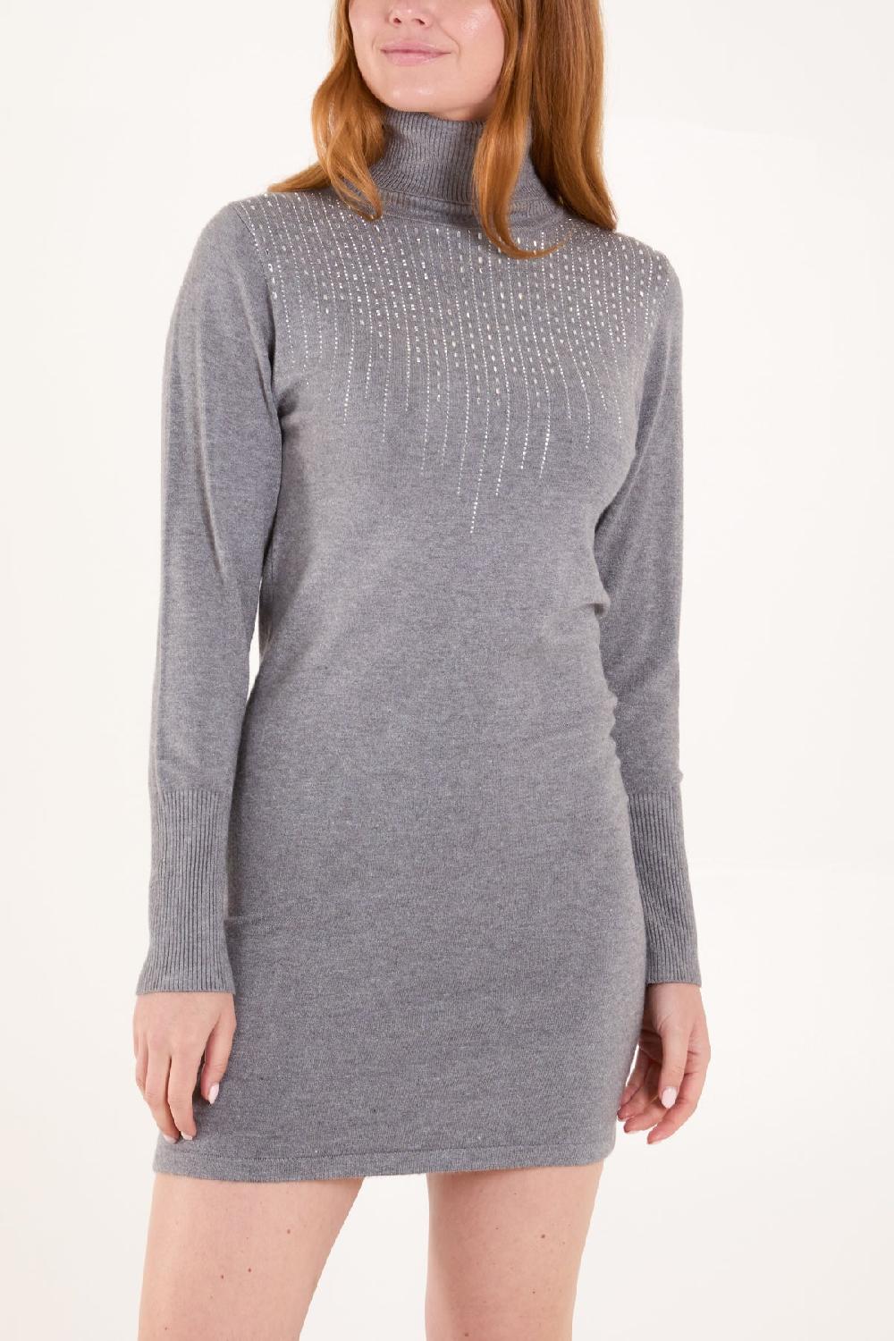 Qed London Diamante Roll Neck Mini Dress