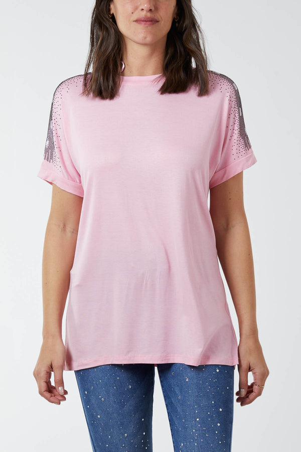 qed london Diamante Shoulder Trim Detail T-Shirt