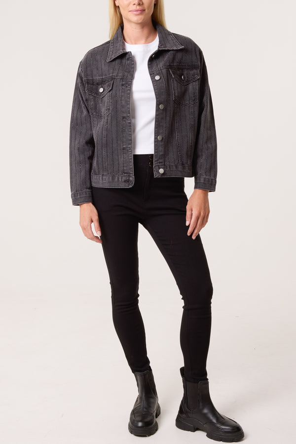 Qed London Diamante Striped Denim Jacket