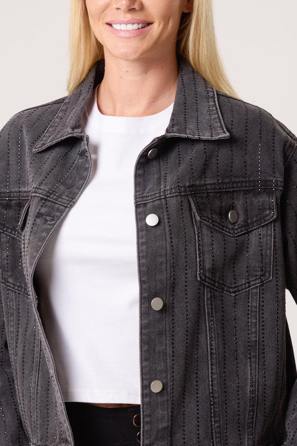 Qed London Diamante Striped Denim Jacket