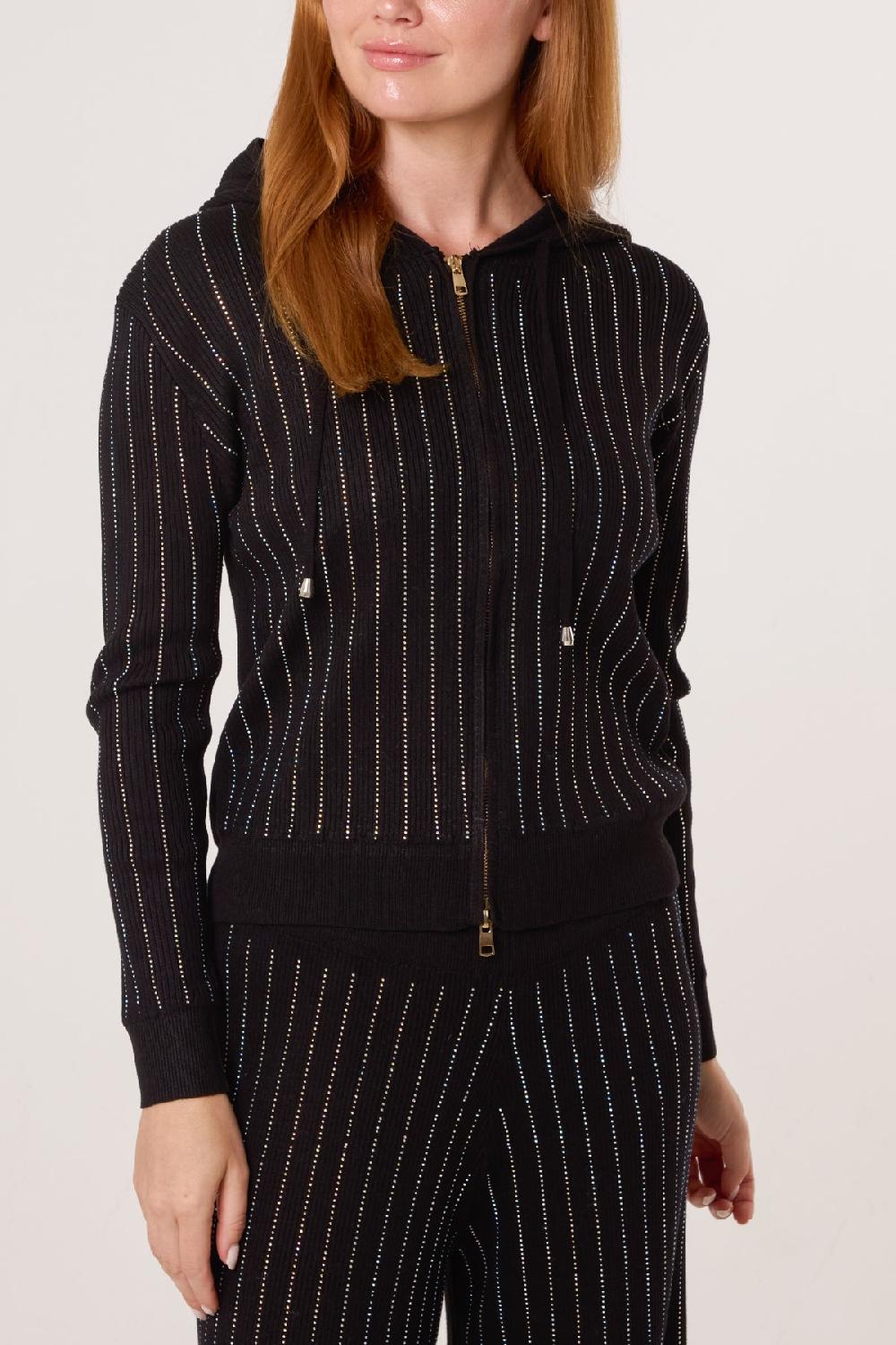 Qed London Diamante Striped Zip Hoodie & Trouser Set