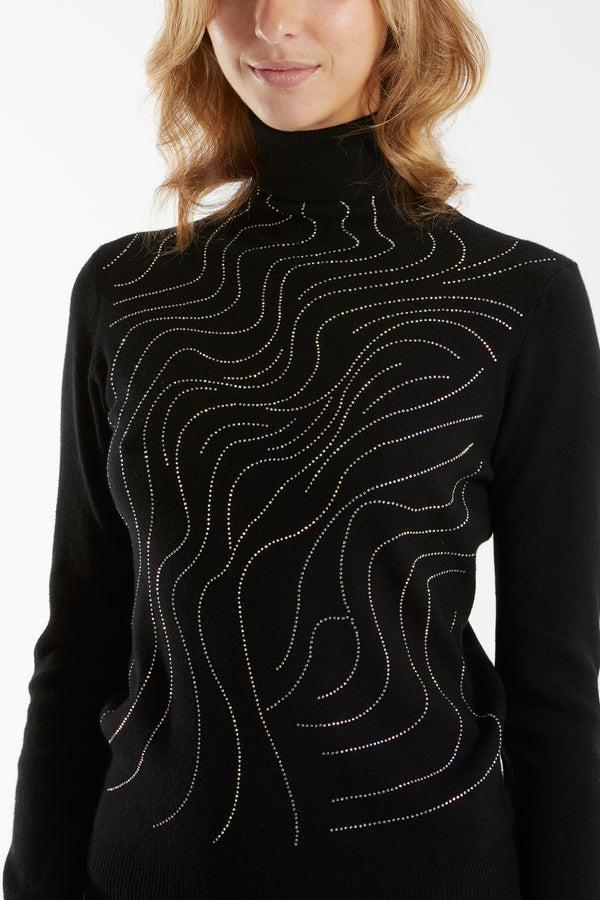 Qed London Diamante Swirl Roll Neck Jumper