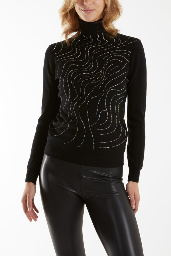 Qed London Diamante Swirl Roll Neck Jumper