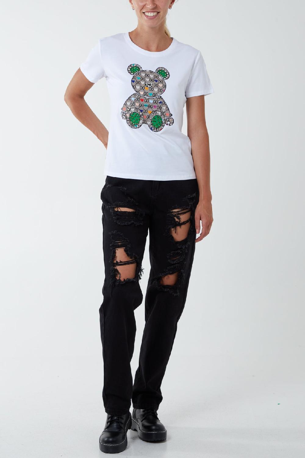 Qed London Diamante Teddy Bear Patchwork T-Shirt