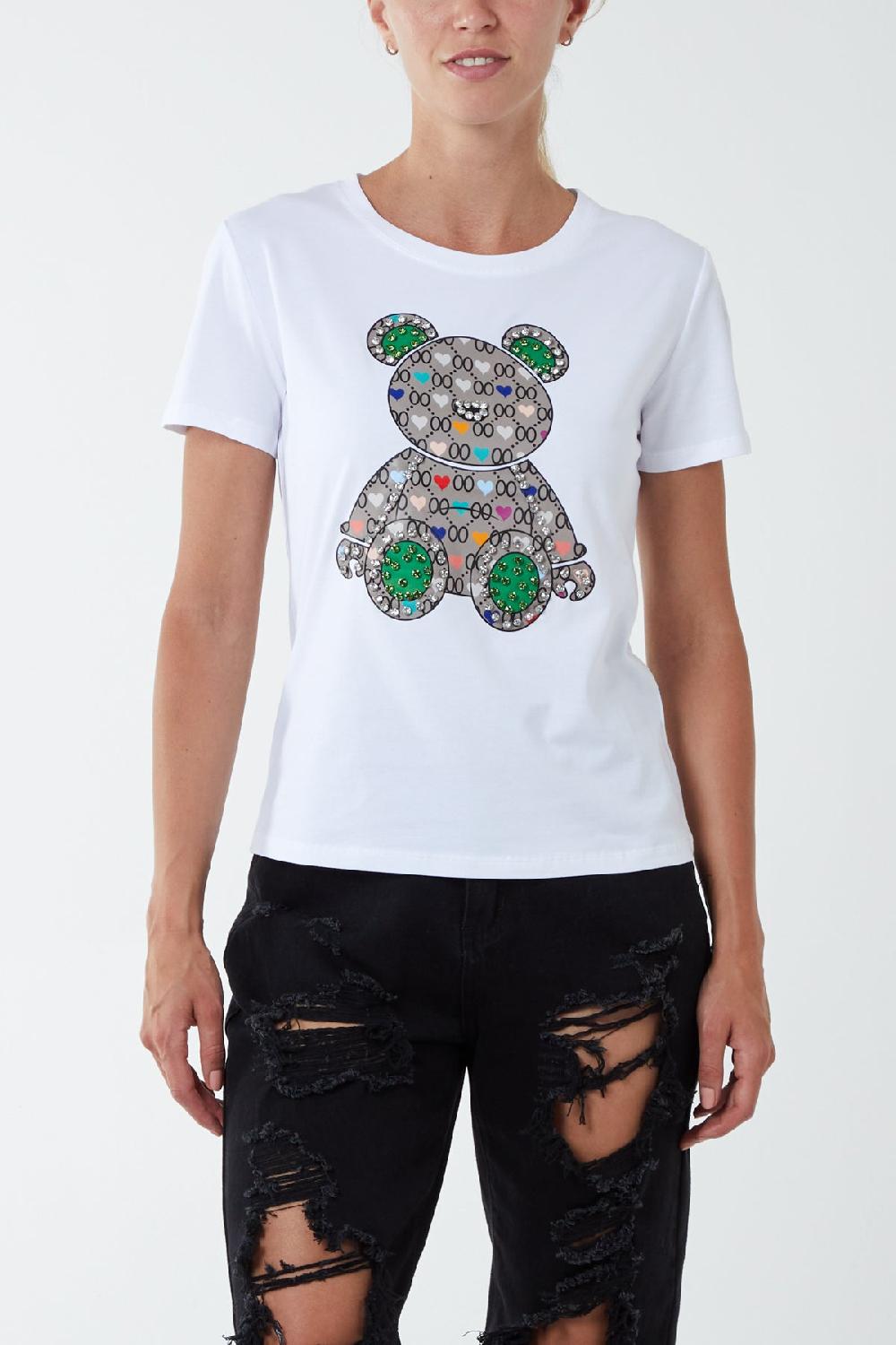 Qed London Diamante Teddy Bear Patchwork T-Shirt