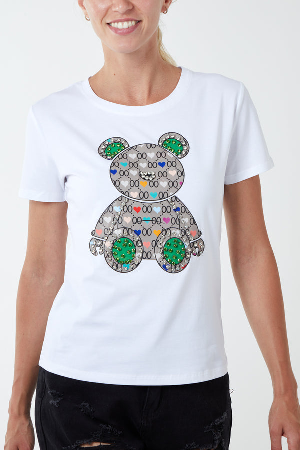 qed london Diamante Teddy Bear Patchwork T-Shirt