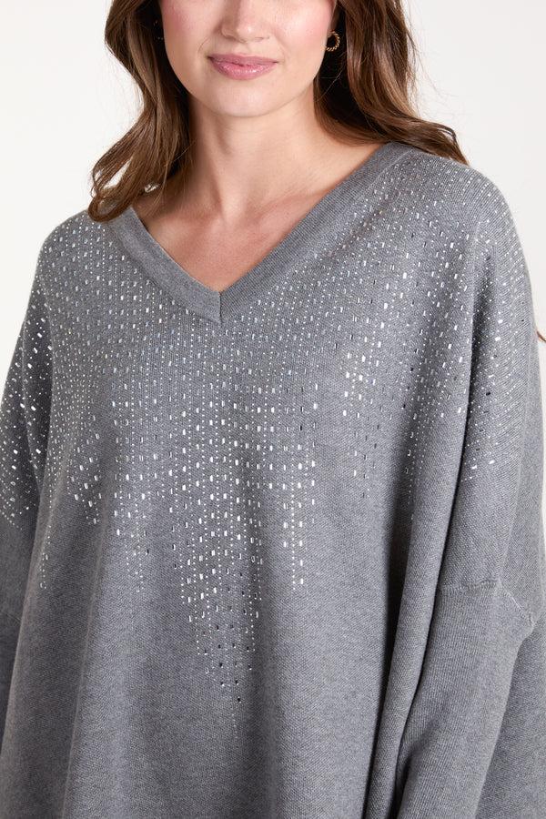 Qed London Diamante V-Neck Relaxed Jumper