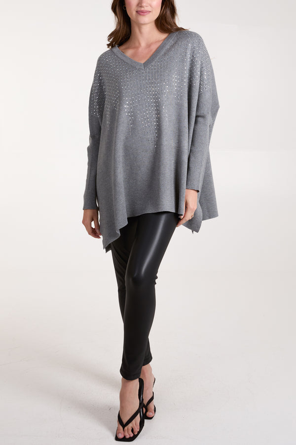 Qed London Diamante V-Neck Relaxed Jumper