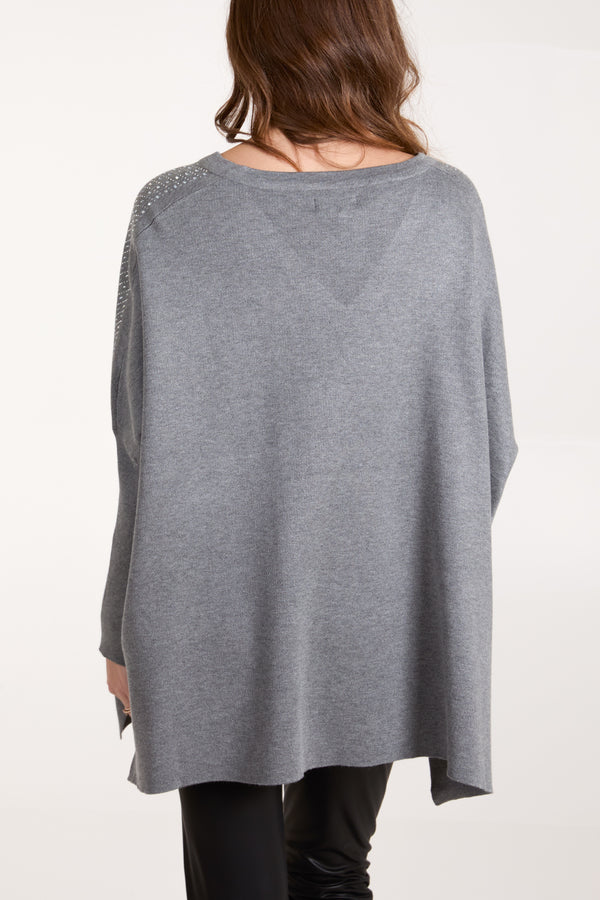 Qed London Diamante V-Neck Relaxed Jumper