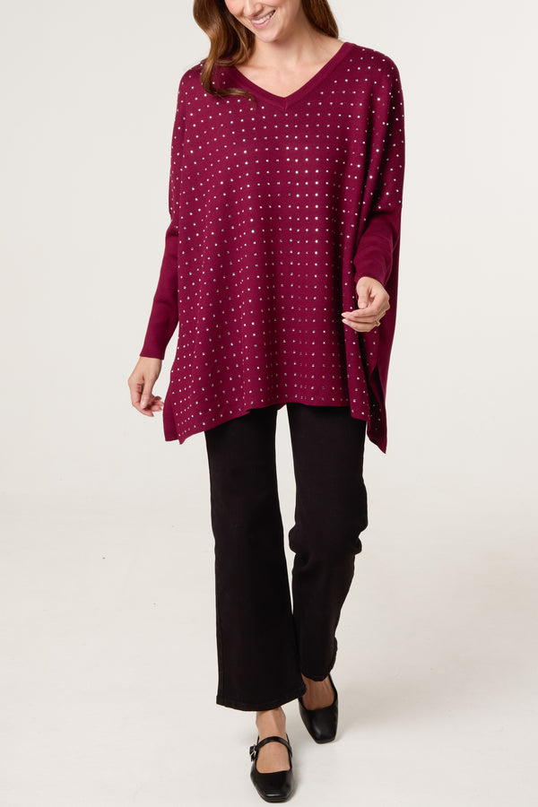 Qed London Diamante V-Neck Relaxed Jumper