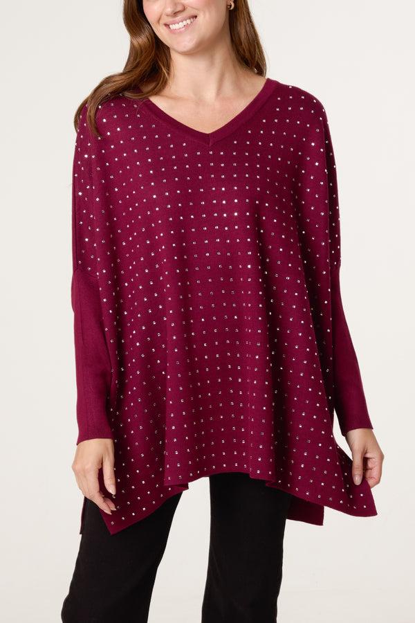 qed london Diamante V-Neck Relaxed Jumper