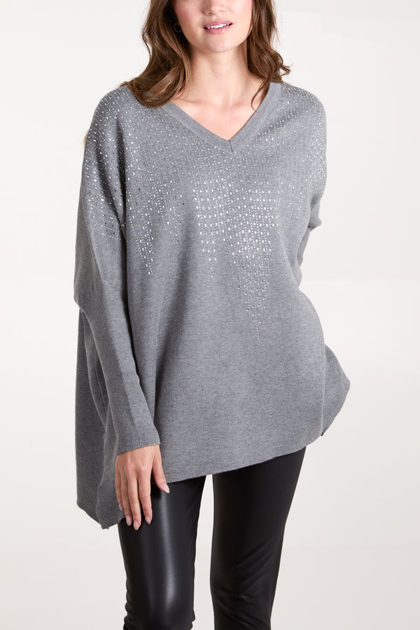 qed london Diamante V-Neck Relaxed Jumper