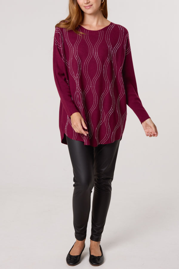 Qed London Diamante Waves Longline Jumper