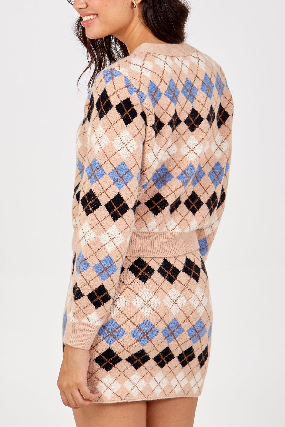 Qed London Diamond Argyle Check Skirt & Cardigan Set