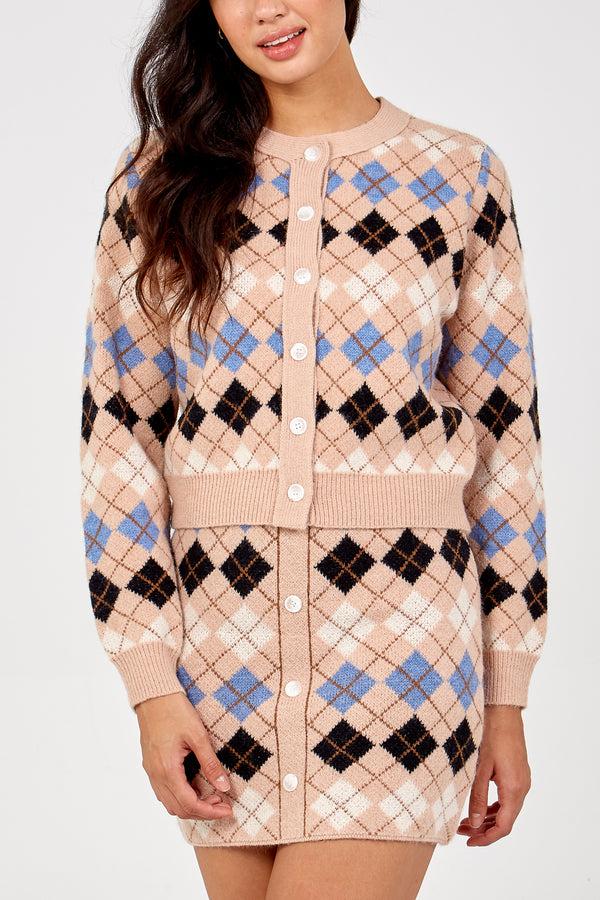 qed london Diamond Argyle Check Skirt & Cardigan Set