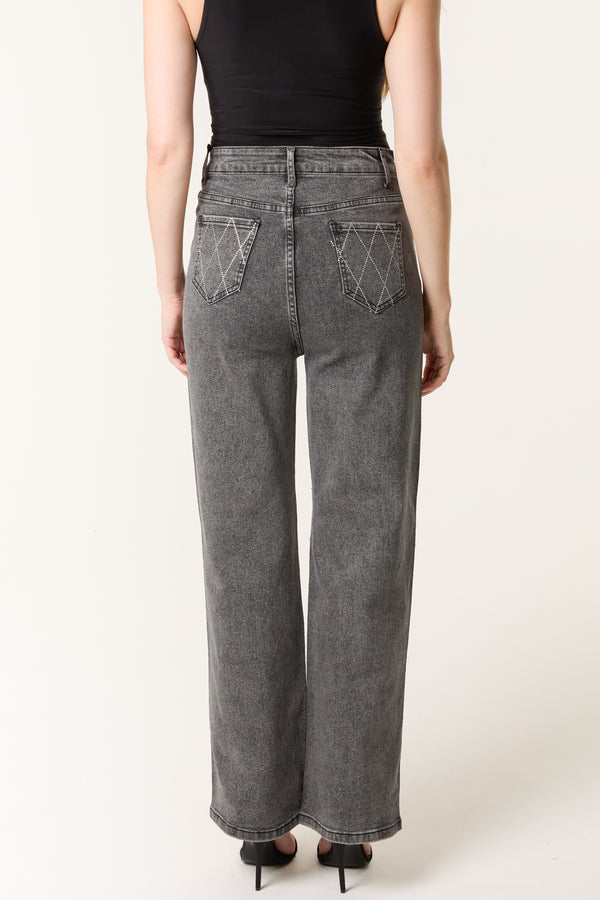 Qed London Diamond Embellished Black Wash Jeans