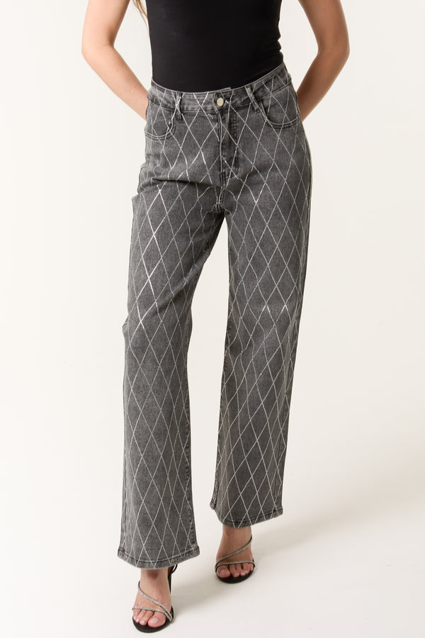 qed london Diamond Embellished Black Wash Jeans