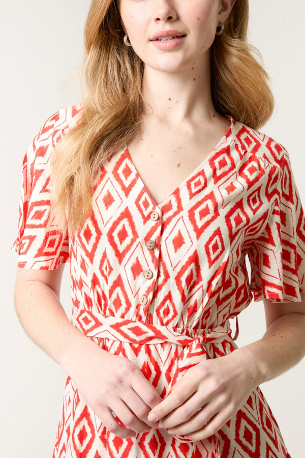 Qed London Diamond Print Belt & Button Midi Dress