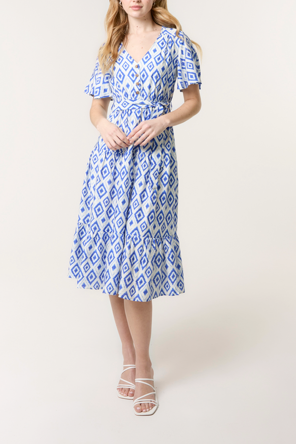Qed London Diamond Print Belt & Button Midi Dress