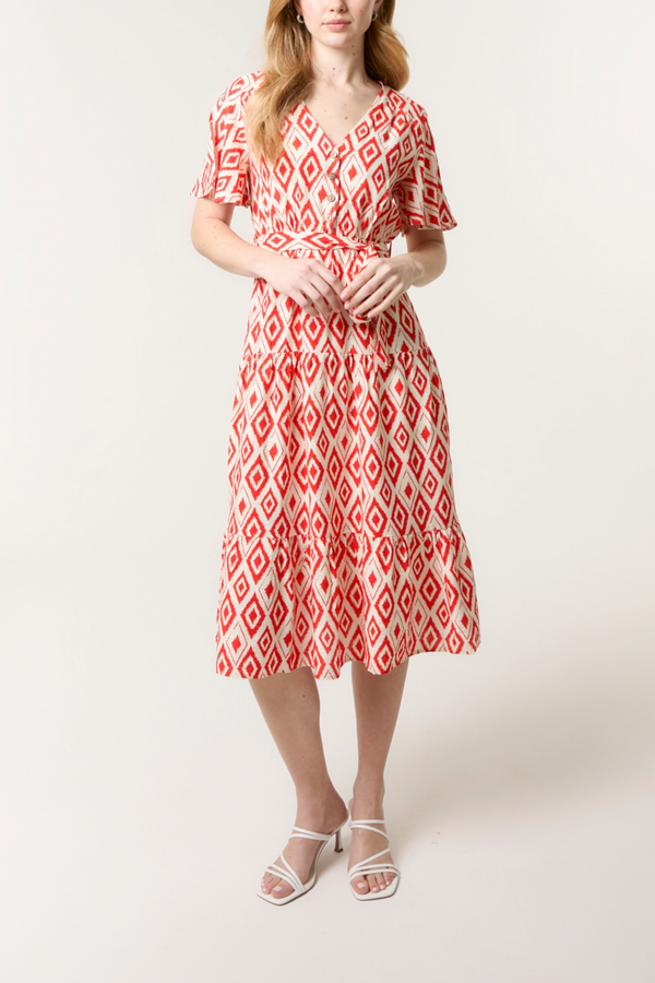 Qed London Diamond Print Belt & Button Midi Dress