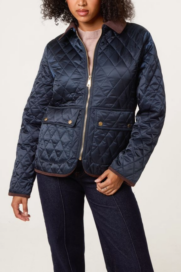 qed london Diamond Quilted Contrast Round Coat