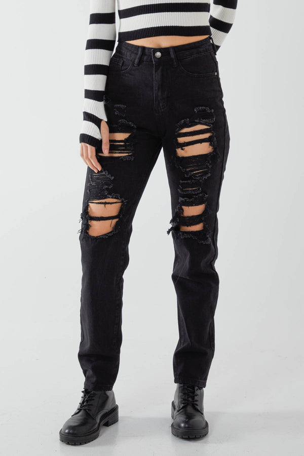 qed london Distressed Ripped Straight Denim Jeans