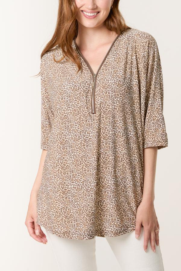 qed london Ditsy Animal Print Zip Front Top