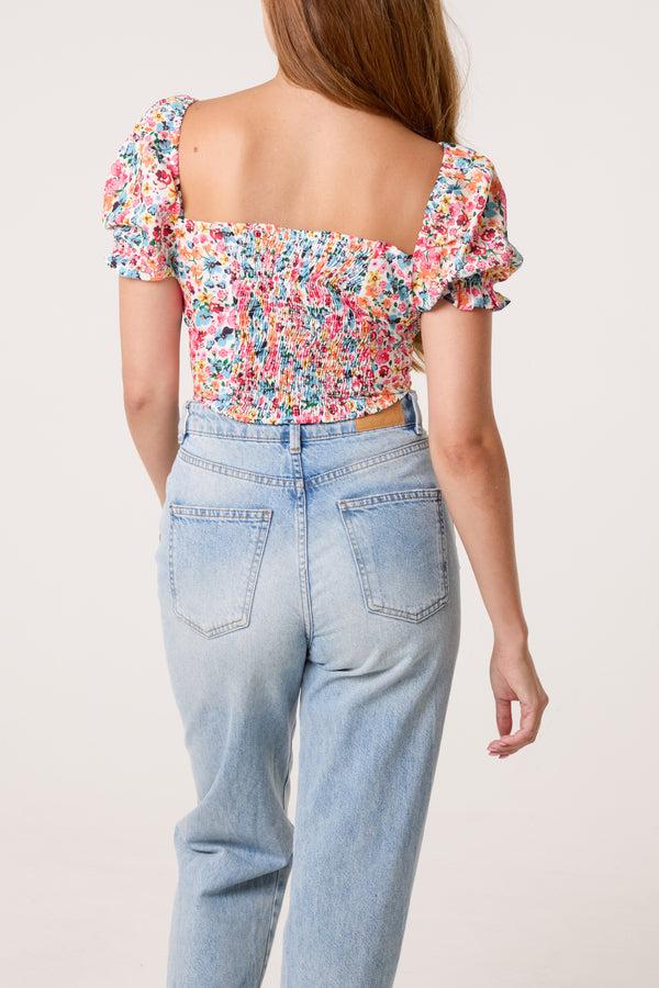 Qed London Ditsy Floral Cropped Puff Sleeve Top