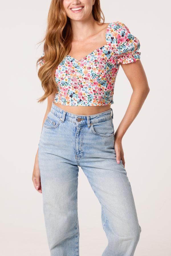 qed london Ditsy Floral Cropped Puff Sleeve Top